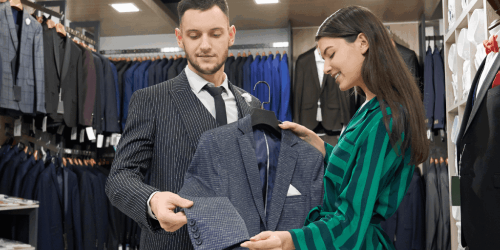 A man and woman examine various suits displayed in a clothing store, discussing options and styles.