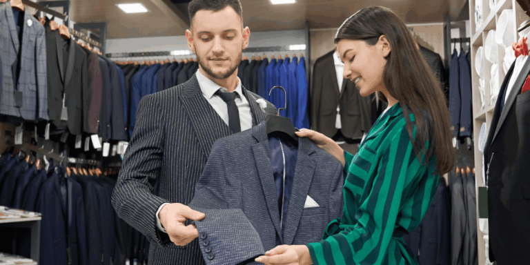 A man and woman examine various suits displayed in a clothing store, discussing options and styles.
